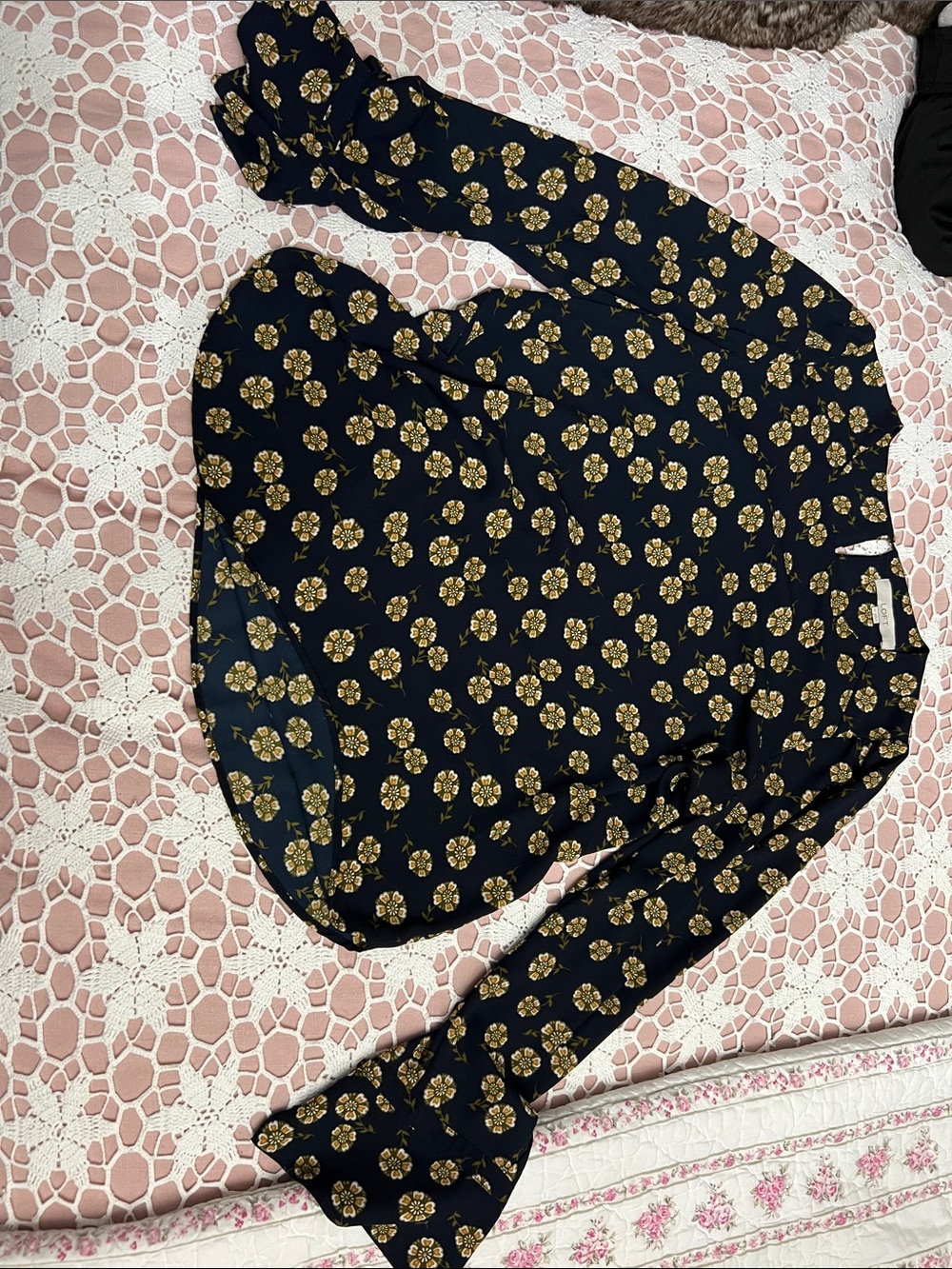 LOFT Navy Blouse with Gold Floral Print and Ruffle Cuffs